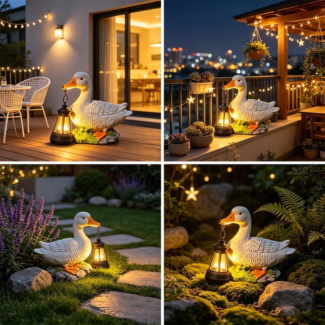 Estatua de jardín de pato solar con luz solar, adorno de resina para jardín exterior y decoración del jardín del balcón del patio