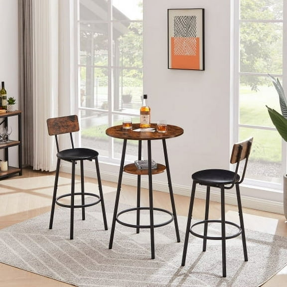Dtwnek Bar Table with 2 Pack Upholstered Stools, Wood Dining Table Stool for Dining Room, Bar, Brown