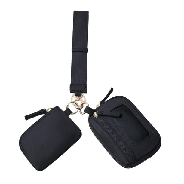 Bolsa de pulsera de llavero bolsita de nylon doble bolsita portátil con bolso con cremallera pequeña con llaves para salir de compras viajes Negro