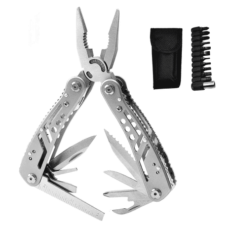 FTCBJJA Multitool Pliers 22-in-1 Folding Pocket Knife with Sheath Bits Set Screwdriver and Bottle Opener for Camping Hunting and Hiking Father s Day Gifts Silver