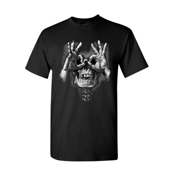 Tee Hunt Skull Face Hand Goggles T-Shirt Funny Dead Eye Staring Skeleton Mens Shirt