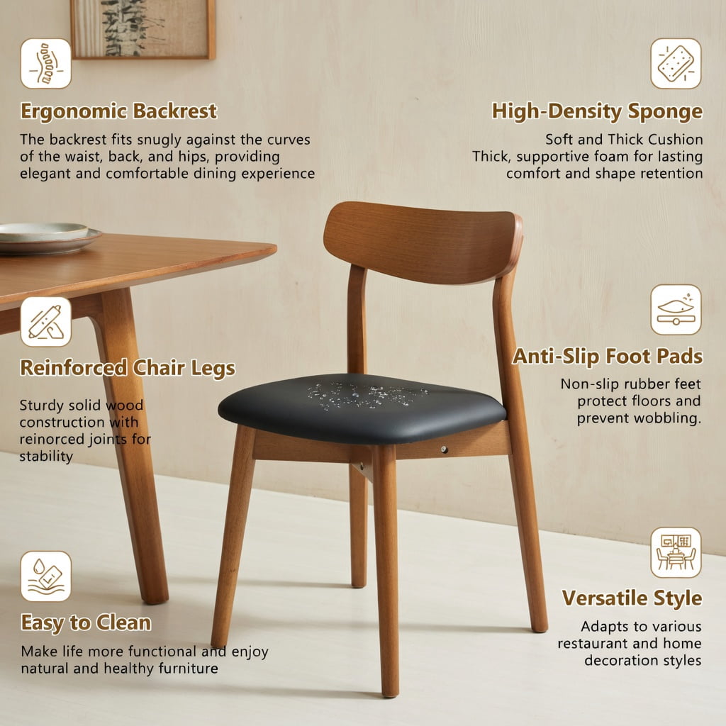 Hommoo 2-Pack Solid Wood Dining Chairs with PU Cushions & Ergonomic Curved Backrest, Modern Farmhouse & Scandinavian Style Home Dining Set, Black & Walnut