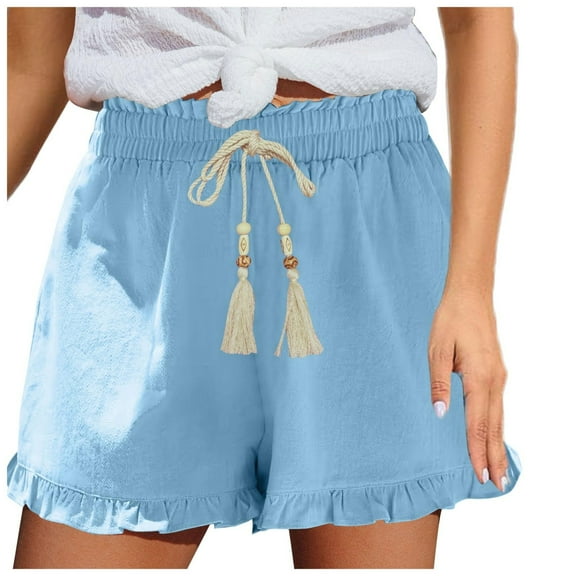 Generic Womens Casual Shorts Pleated Elastic Waist Fringe Drawstring Ruffle Short Solid Color Loose Wide Leg Summer Shorts