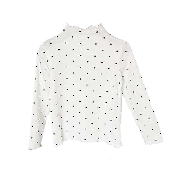 FAVIPT Long Sleeve Shirt for Kids Girls Polka Dots Ruffled Hem T-Shirts Casual Cute Comfortable Pullover Tops White,4 Years