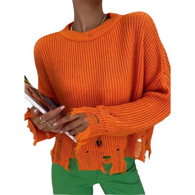 xiaxaixu Women’s Ripped Sweaters, Long Sleeve Round Neck Solid Color Loose Knit Jumper Tops