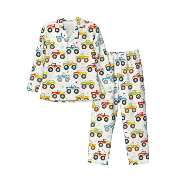 Balery Cartoon Monster Trucks Pijama para Hombre de Dos Piezas con Manga Larga, Conjunto de Dormir y Descanso Suave con Bolsillos-XX-Large