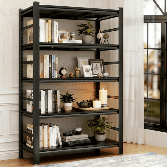5 Tier Book Shelf, Metal Bookshelves, Heavy Duty Steel Bookcases, Large Storage Capacity Adjustable Tall Industrial Bookshelf for Living Room, Bedroom and Study Room, Black
