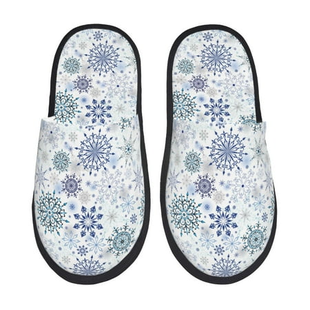Balery Retro ice blue snowflakes Slient Indoor Furry Fleece Comfort House Shoes Soft Non-Slip Home Shoes Cotton slippers House Slippers-- Large