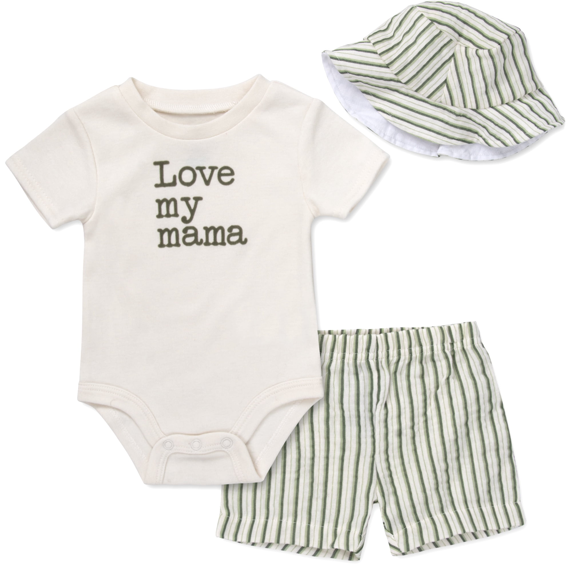 Baby Essentials Baby Boy 3 Piece Outfit Set with Bucket Hat, Spring & Summer Travel Baby Outfit Gift Set (3 months,Love My Mama Green Stripes)