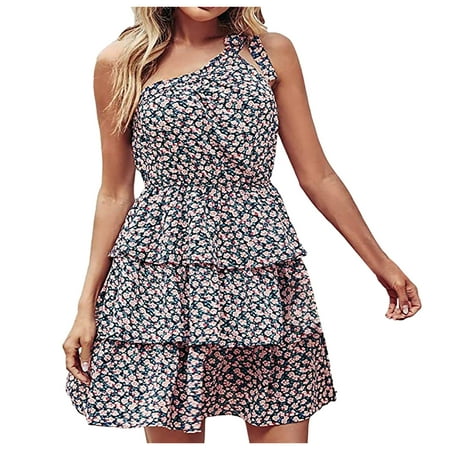 Mnyotv Fitted Dress for Women Women s Summer Tie One Shoulder Boho Floral Elastic Waist Tiered Ruffle A Line Flowy Dresses Hot Pink M