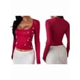 thumbnail image 3 of Chemises à Manches Longues pour Femmes Crop Tops Mode Automne Col Carré Sorties Basiques Tees Vêtements Y2k Rouge Vin P, 3 of 7
