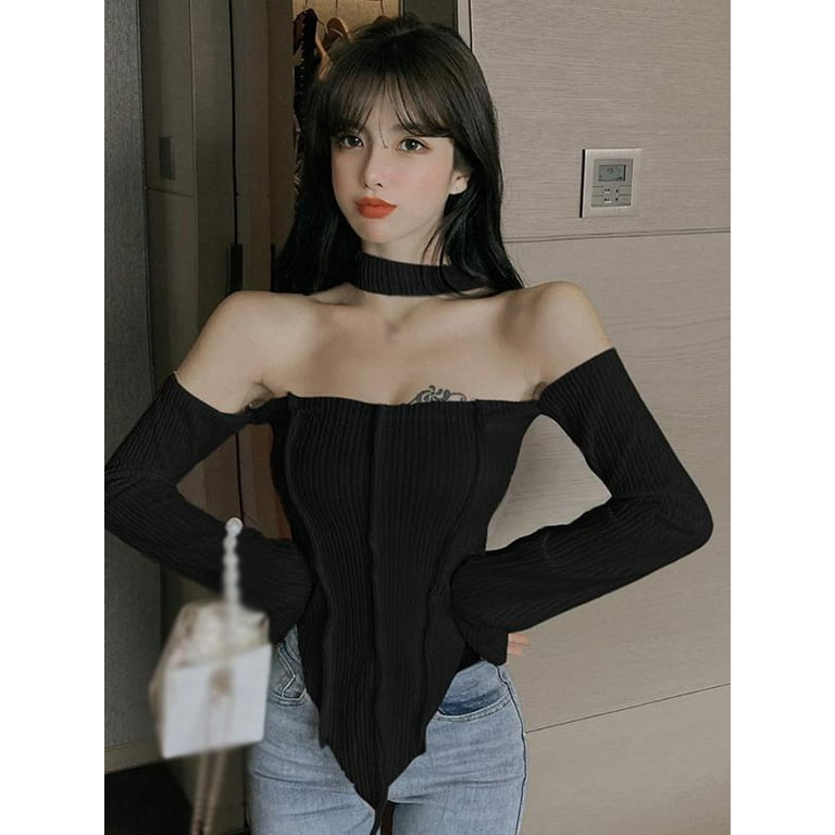 Cross Bandage Strapless Shoulder Long Sleeve T-shirts Cross Bandage Strapless Shoulder Long Sleeve T-shirts