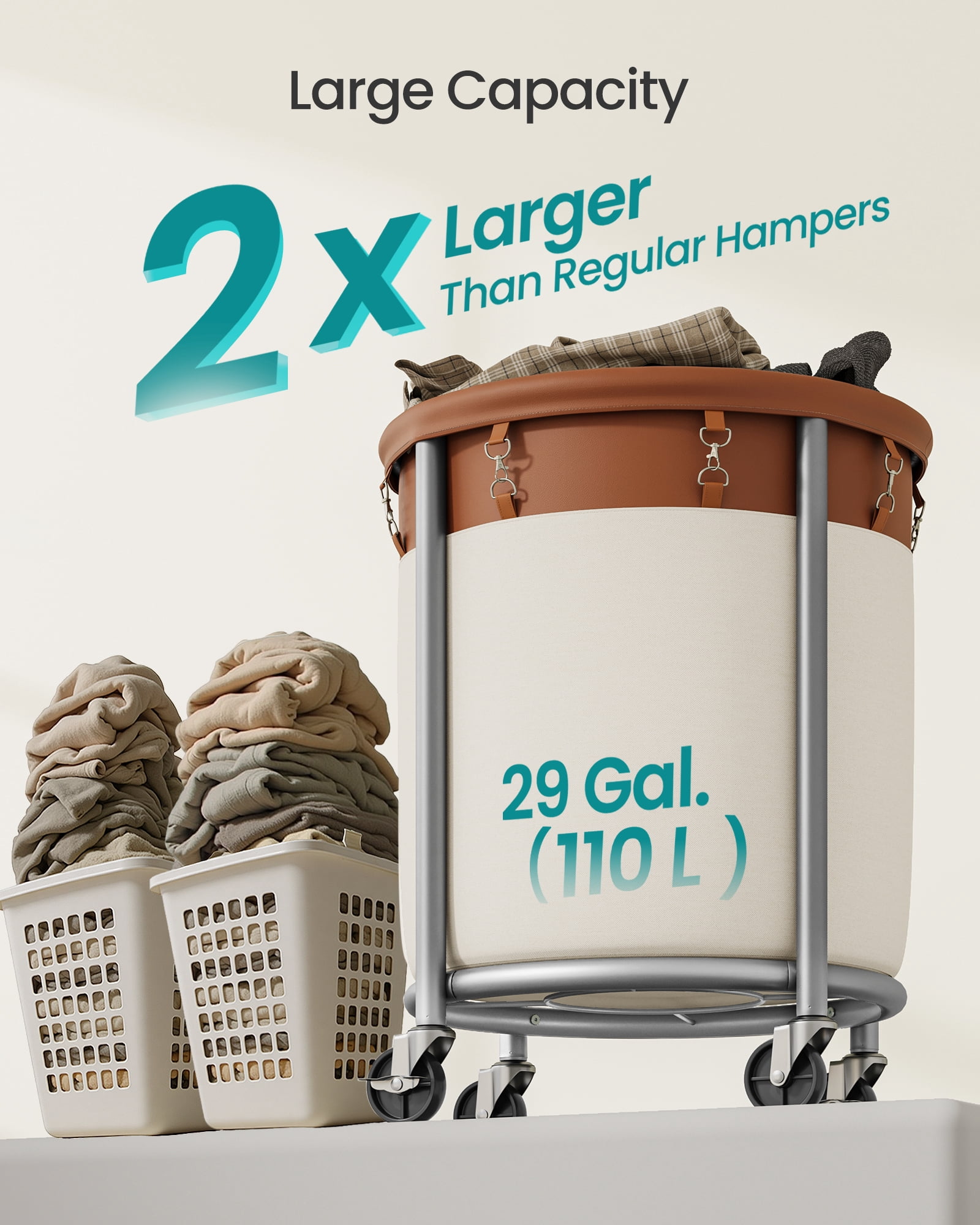 SONGMICS 29-Gallon (110 L) Laundry Basket with Wheels, Rolling Round Heavy-Duty Laundry Hamper Cart with Removable Bag, Coffee Brown and Cream White