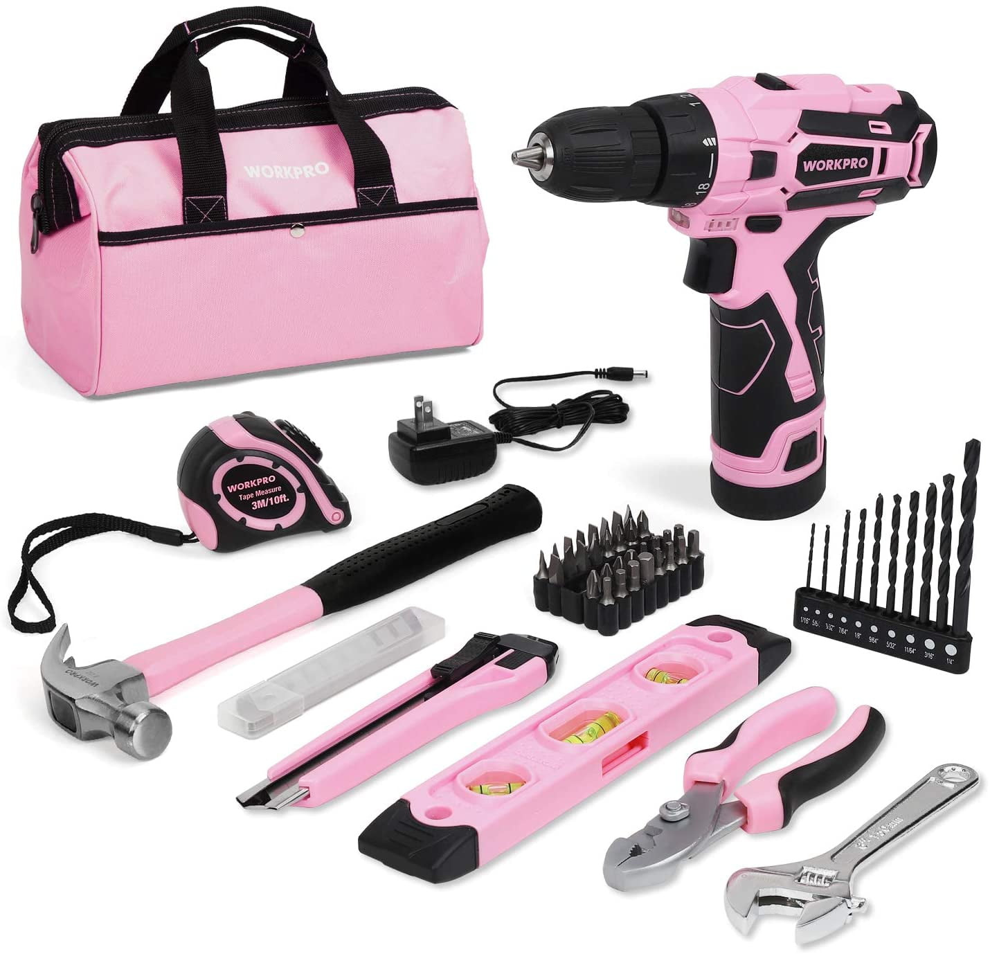 WORKPRO 12V Pink Cordless Drill and Home Tool Kit, 61 Pieces Hand Tool for  DIY, Home Maintenance, 14-inch Storage Bag Included - Pink Ribbon