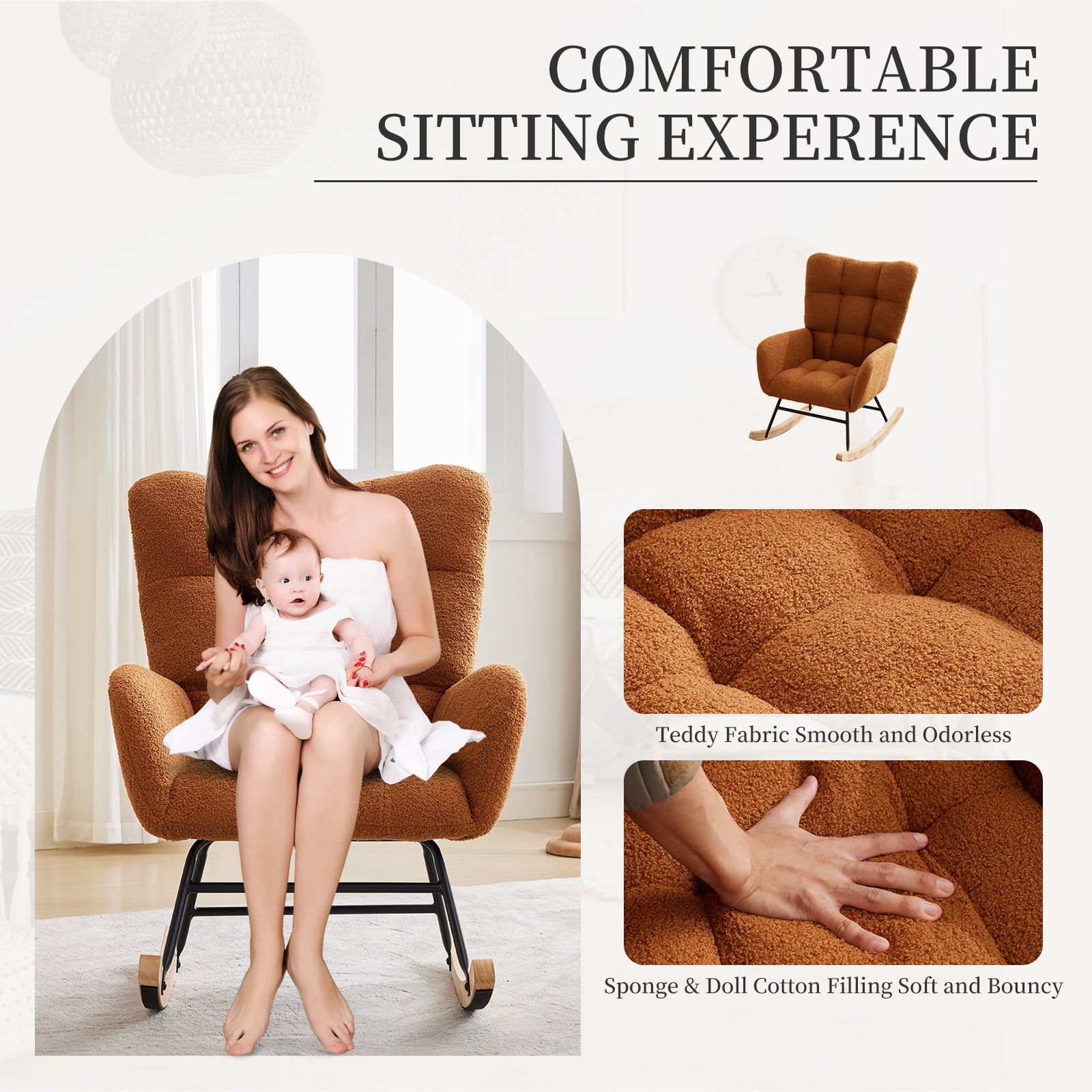 300Lbs Load-Bearing Nursery Glider Rocking Chair, Teddy Upholstered, High Backrest & Armrests, Side Pockets, Padded Seat, High Backrest, Armrests, Metal Legs & Wood Base for Living Room, Bedroom