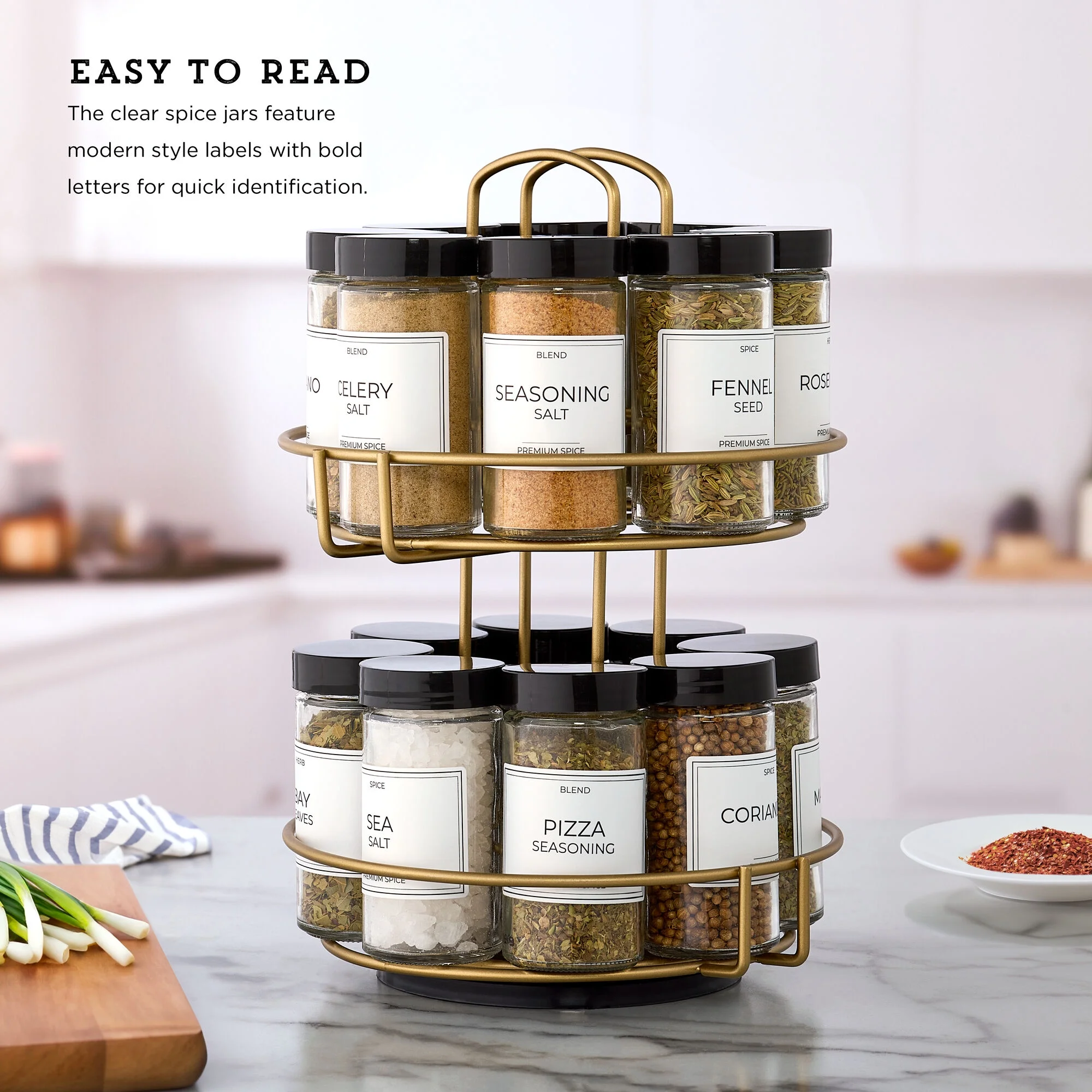 Kamenstein Prefilled 16-Jar Gold Wire 2-Tier Revolving Filled Countertop Spice Rack & Organizer, Rotating Spice Rack with Filled Jars, Space-Saving Kitchen Counter Organizer