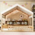 thumbnail image 3 of Harper & Bright Designs Full Size Floor Bed with LED Light, Wooden House-Shaped Floor Bed with Storage Bookshelves Fense and Curtain for Boys Girls, Natural+Beige, 3 of 13