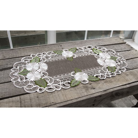Silver Daisy with Green Leaves Table Runner (14" x 27"/ 15" x 34"/ 14" x 44"/ 15" x 53"/ 15" x 67")