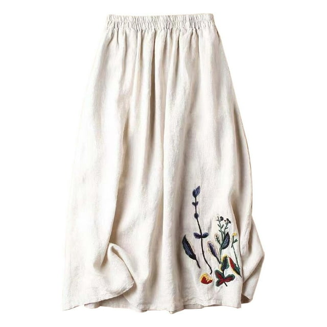 GPOECD Floral Embroidered Linen A-Line Midi Skirt for Women Flared Versatile Design