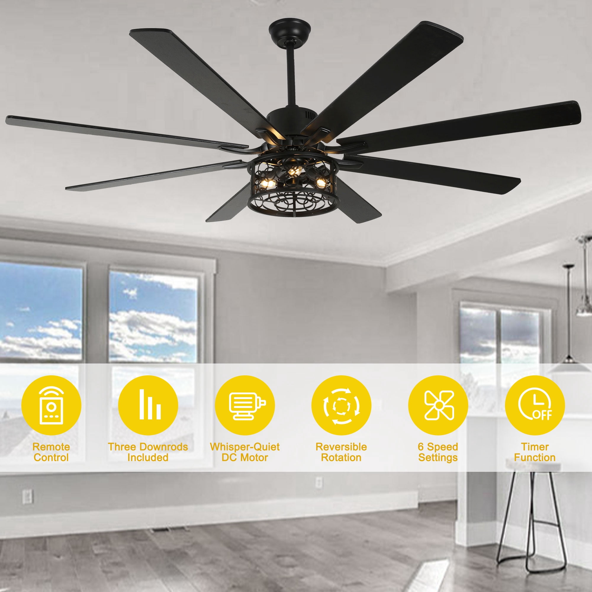 Chords Attic 72" Reversible 8-Blade Ceiling Fan with LED Lights, Remote 3-Color, 6-Speed and Timer