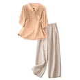 Breathable Linen-Blend 2-Piece Set for Women - Loose Fit Button-Down ...