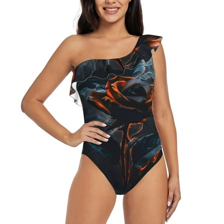 Goofa Blue and Red Roses Artwork Pattern Women s One Piece Swimsuits Tummy Control Bathing Suits Asymmetric One Shoulder Swimwear-Medium