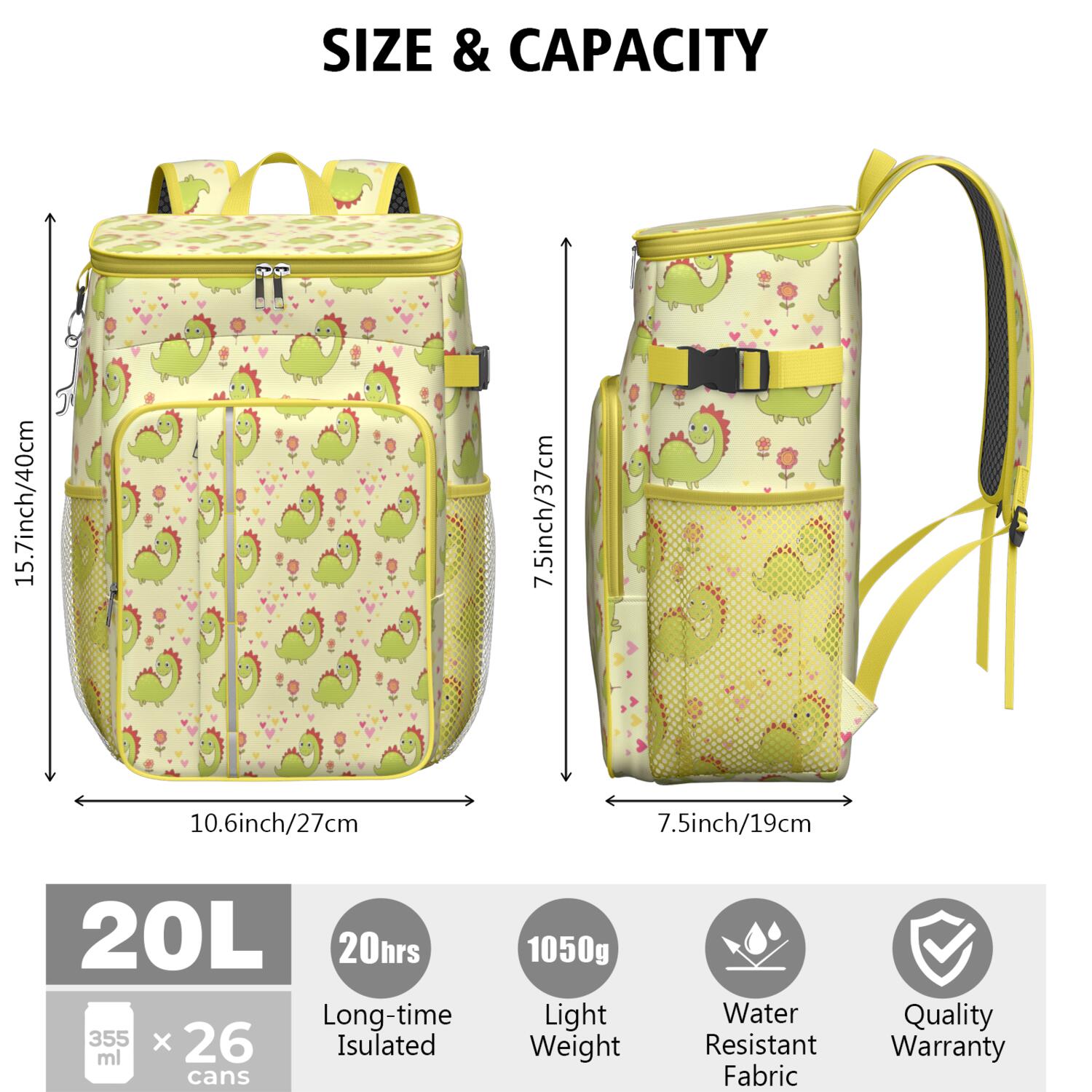Travel Cooler Bag - Yellow Cartoon Dinosaurs Flowers Hearts Pattern Camping Beer Cooler Backpack with Bottle Opener- Waterproof Insulated Picnic Backpacks - Cooler Bag for Beach