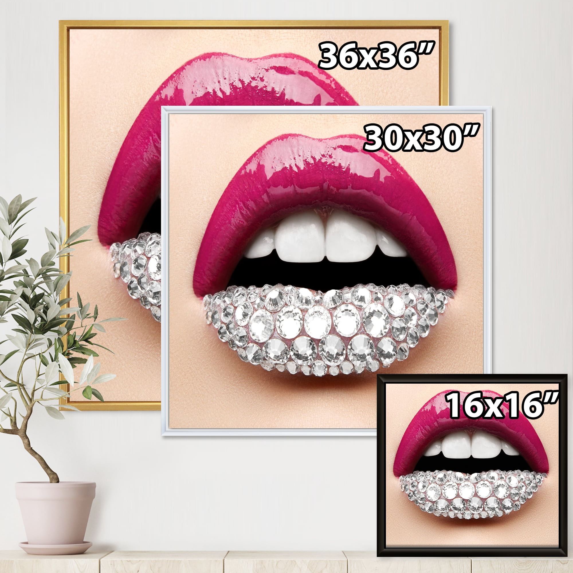 Girl Lips With Pink Lipstick White Diamonds 36 in x 36 in Framed Photography Canvas Art Print, by Designart