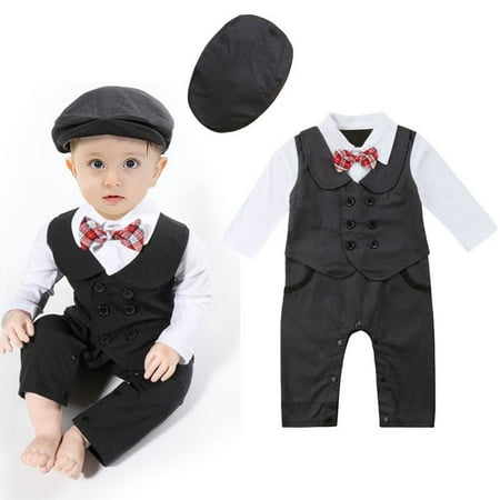 

Caitzr Baby Boys Romper with Beret Hat Gentleman Front Bow Long Sleeve Snap Buttons Jumpsuit