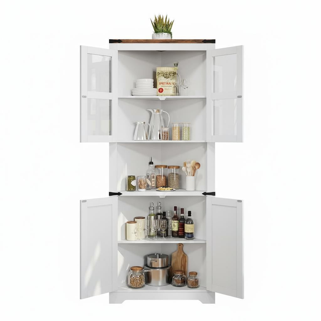 Corner Storage Cabinet with Glass Doors, Double-Door Corner Cabinet, Corner Cabinet with Shelves, Corner Cabinet with Light Strips-white