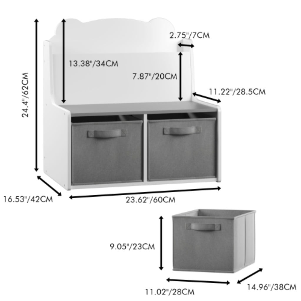 Kids Bookshelf with Storage Bins, Wooden Bookcase with Front-Facing Book Display & 2 Removable Fabric Bins, Bear-Shaped Backboard, White & Gray