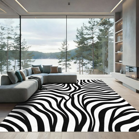 ODIKA 4'x6' Machine Washable Non-Slip Area Rug, Abstract Black High Traffic Rug, Black, 1100405