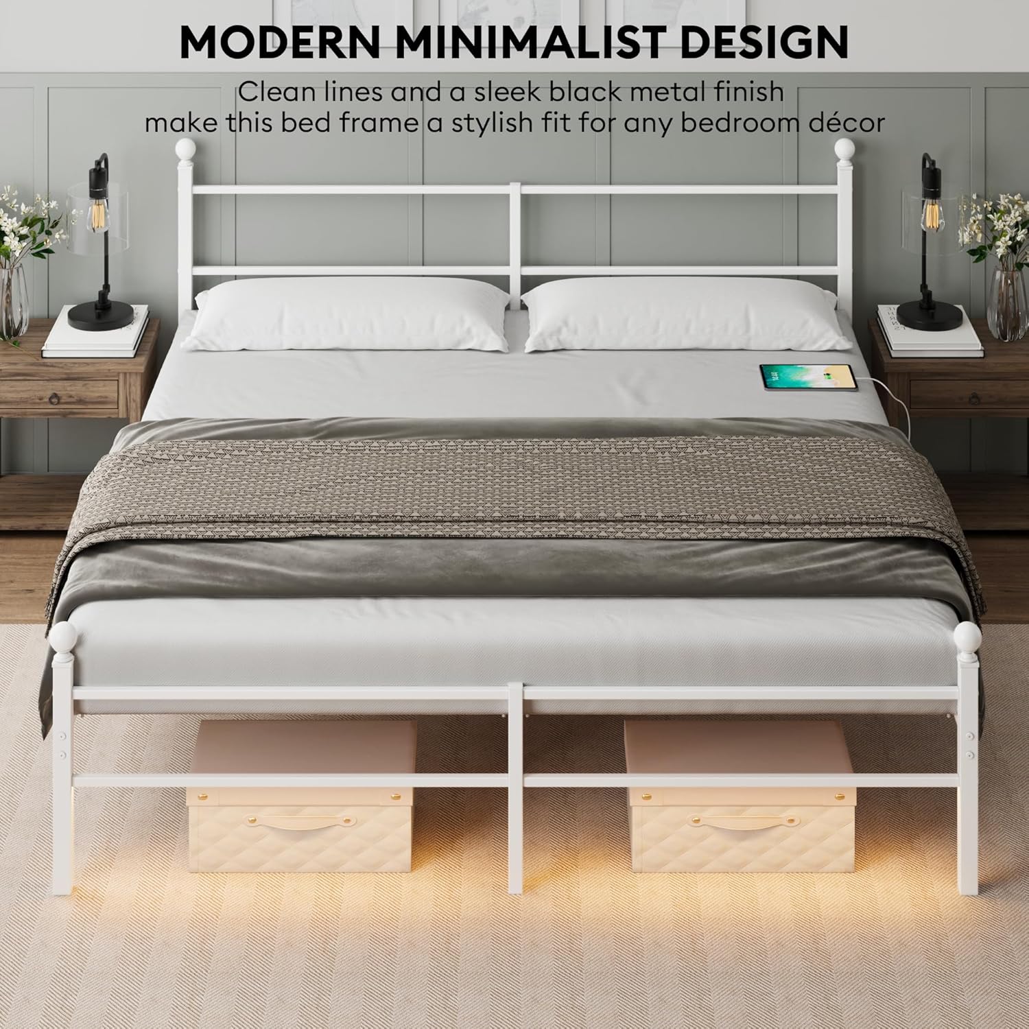 King Size Bed Frame with Headboard - Metal Platform Bed with LED Lights, Charging Station, Under Bed Storage and Heavy Duty Steel Slats Support - No Box Spring Needed, Easy Assembly, White