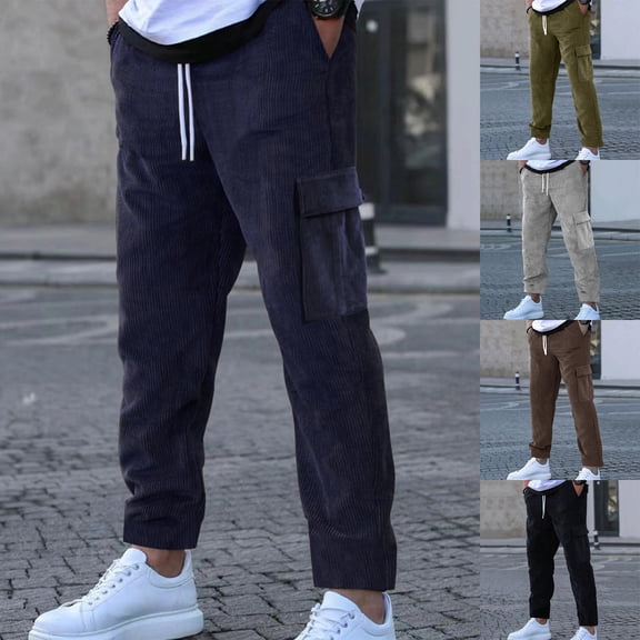 WIZUTIZ Men's Corduroy Cargo Pants Comfort Stretch Work Utility Pants Elastic Waist Drawstring Sport Casual Hiking Jogger Pants