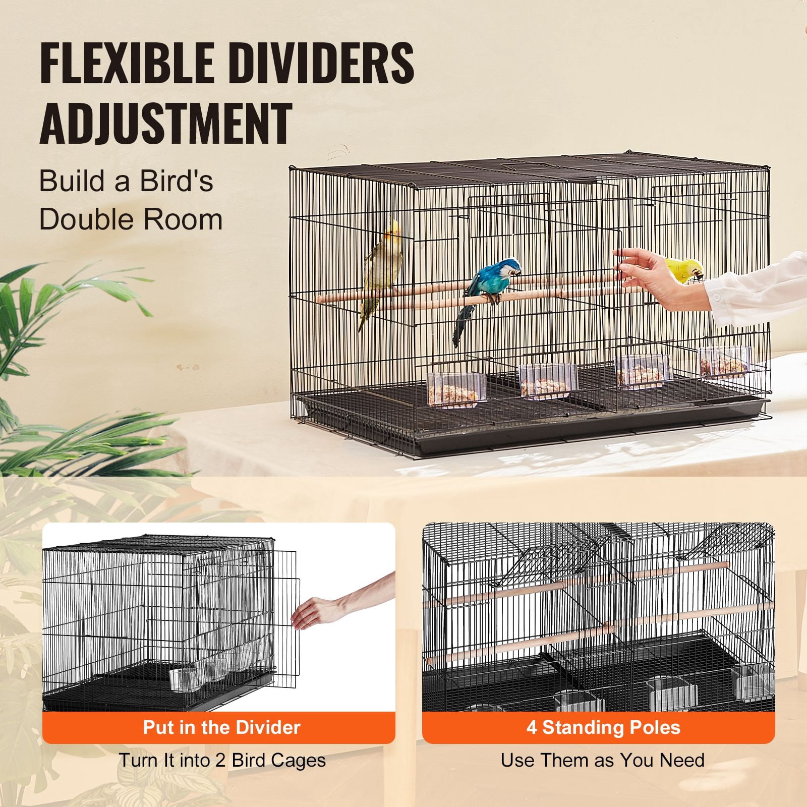 Small Animal Cage, 18" Black Metal Bird Cage with Stand & Divider for Parakeets or Cockatiels