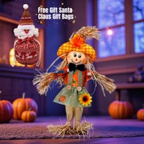 Halloween Scarecrow Figurine - Fabric And Straw Decorative Ornament For Fall Harvest Seasonal Holiday Displays