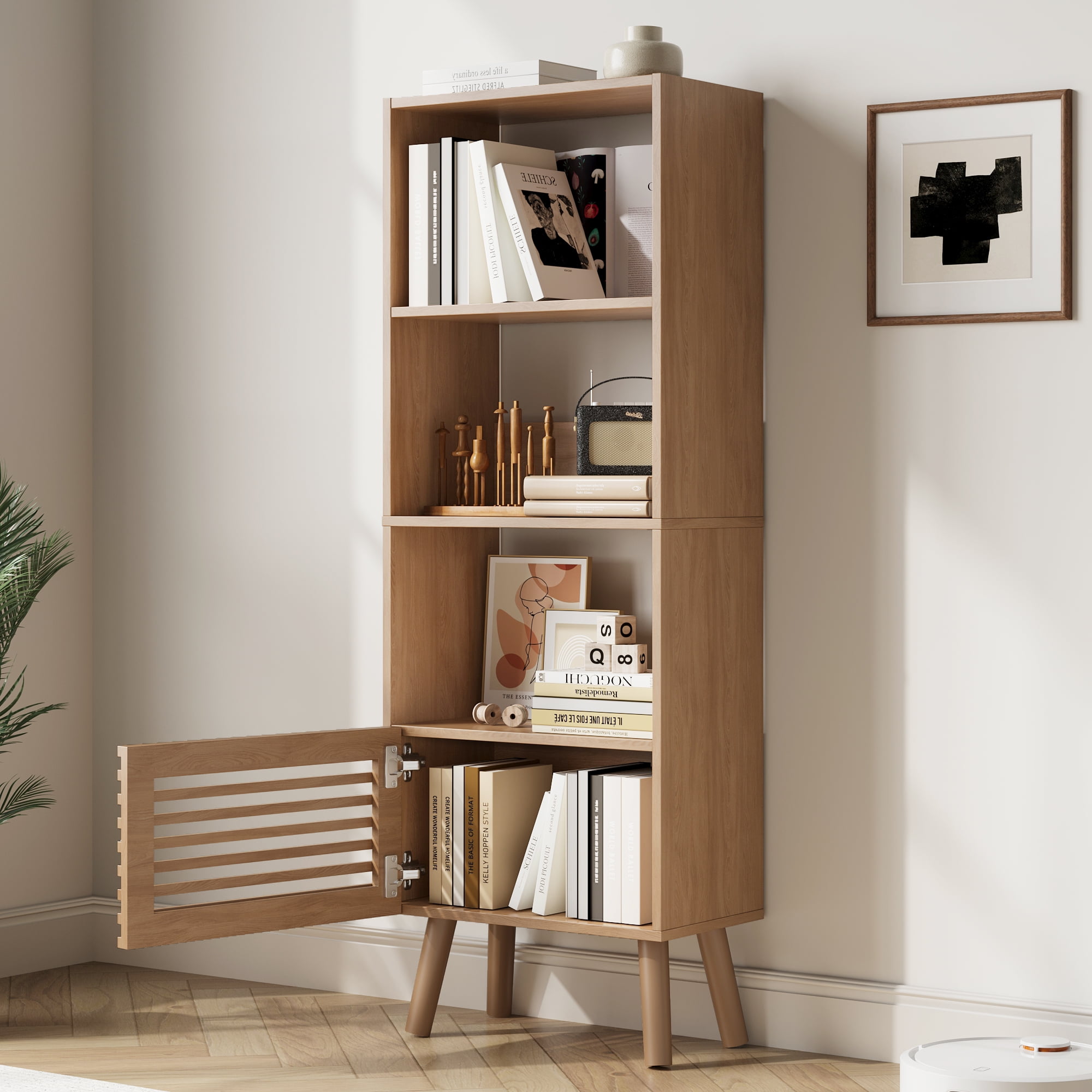 Mid-Century Modern Bookshelf with Slatted Door, 55" H Small Narrow Corner Bookcase, 4 Cube Bookcase with Open Shelf, Display Storage Cabinet for Living Room, Home Office, Oak