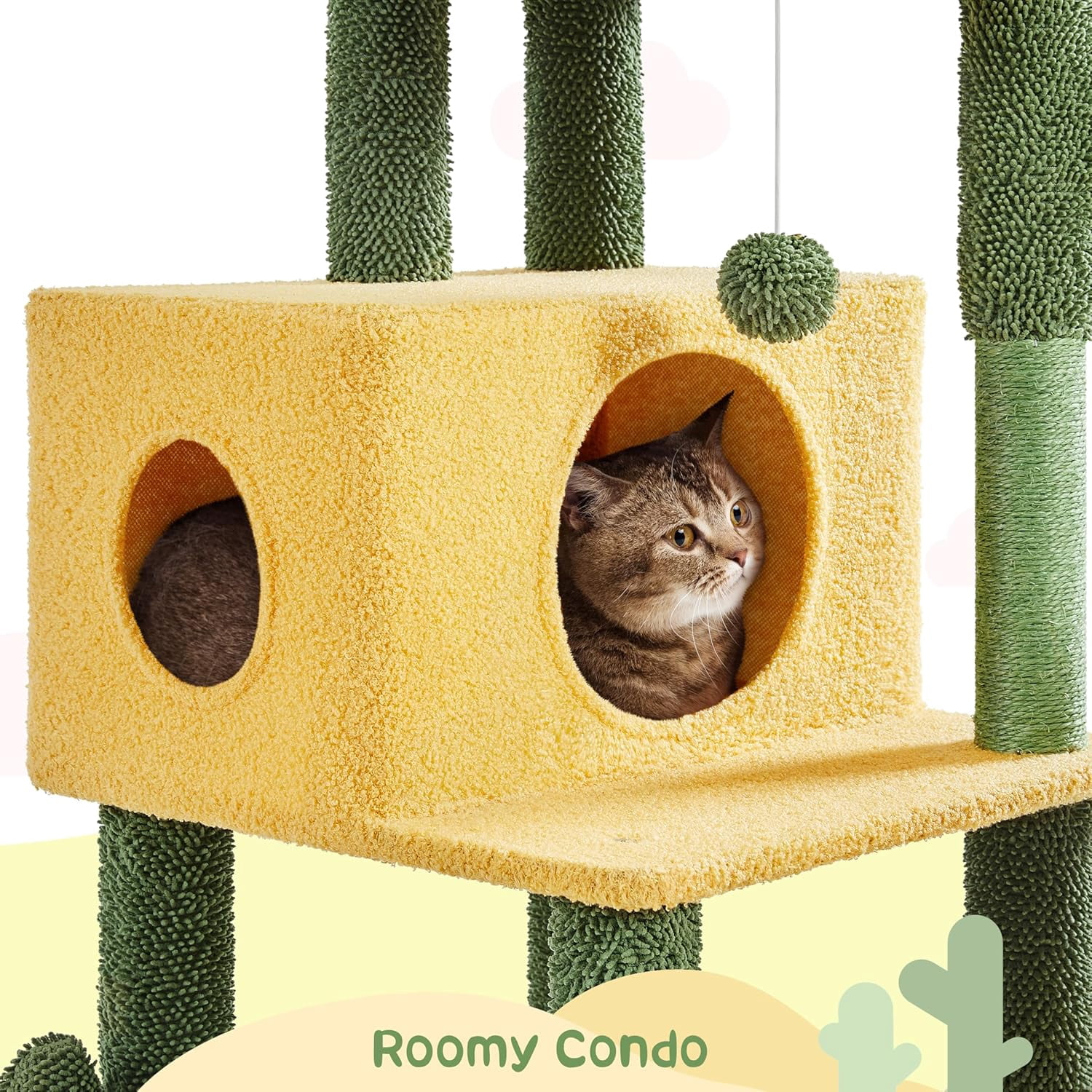 WSWJY 68.5in Tall Cactus Cat Tree, Multi-Level Tower with 2 Large Condos, Scratching Posts, 2 Acrylic Clear Bowls, Mushroom Perch & Dangling Balls