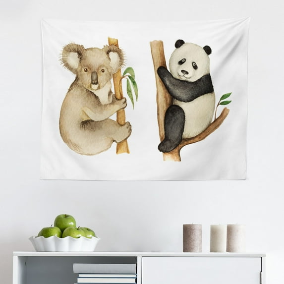 Panda Tapestry, Panda Standing on a Tree Trunk Tropical Flowers Big Leaves Colorful Art, Fabric Wall Hanging Decor for Bedroom Living Room Dorm, 2 Sizes, Green Brown, by Ambesonne