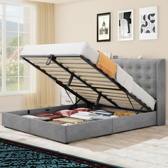 Dextrus Queen Size Platform Bed Frame with Hydraulic Lift Storage,No Box Spring Required,Gray