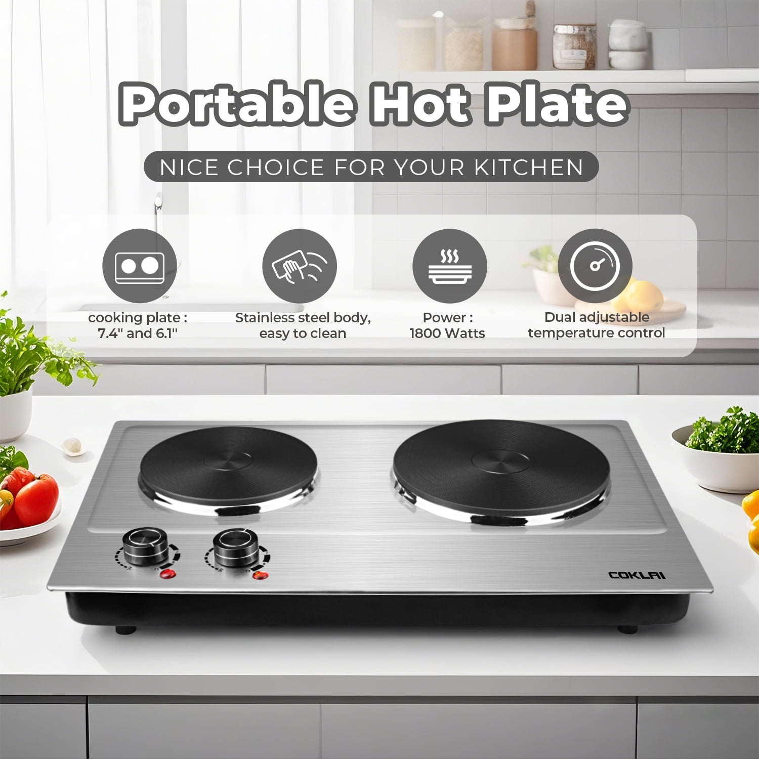Coklai 1800W Portable Double Burner Hot Plate, Stainless Steel Countertop Electric Cooktop with Dual Cast Iron Heating Plates, Easy to Clean, 24-month warranty