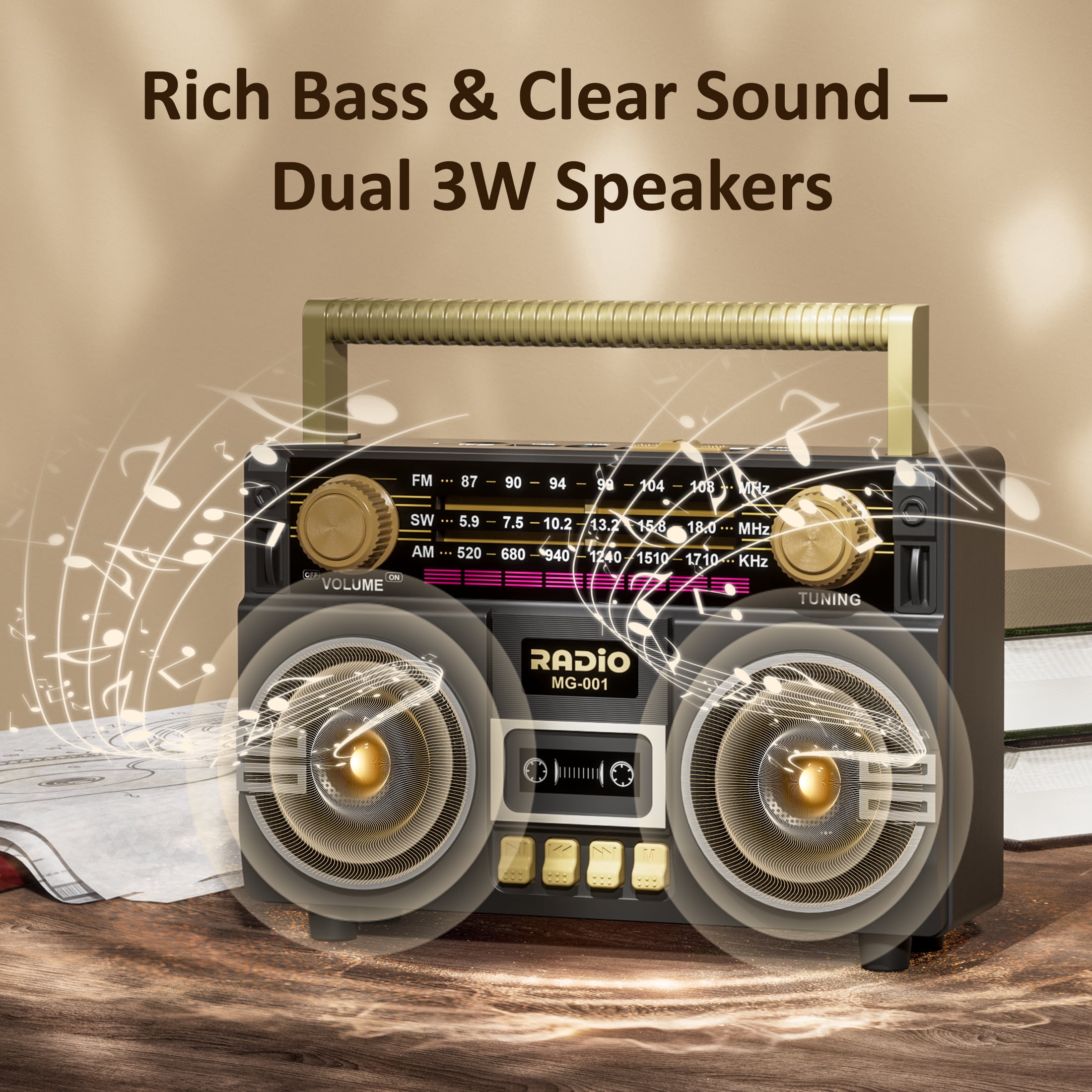 UMUTOO MG001 Retro Vintage AM/FM/SW Radio Bluetooth Speaker with Large Knobs, Dual Speakers, Rechargeable, Portable for Home, Outdoor, Gifts, Elderly, Father's Day