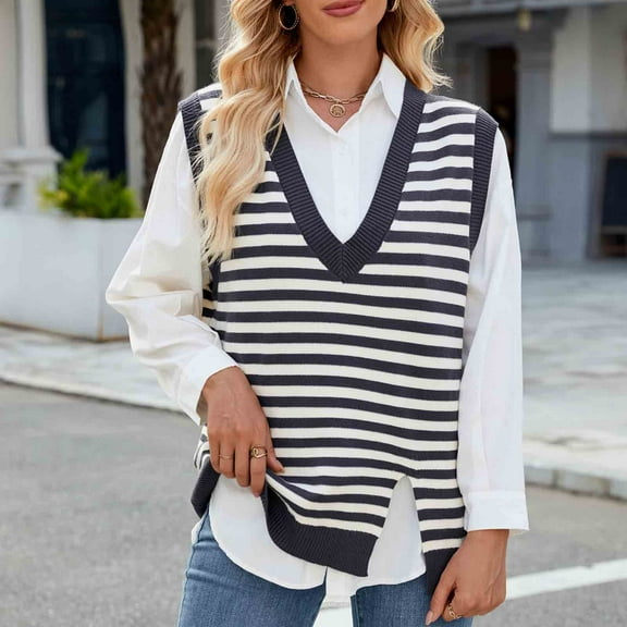 Goodtrade8 Tunic Womens Sweaters Knitted Sweater Vests Casual Striped V-Neck Sleeveless Sweaters Tops