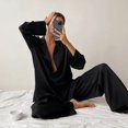thumbnail image 4 of Hiloc-ropa de dormir de seda satinada de gran tamaño para mujer, pijama Sexy de corte bajo, de manga larga, con botonadura única, pantalones de pierna ancha, trajes de pantalón, 4 of 4