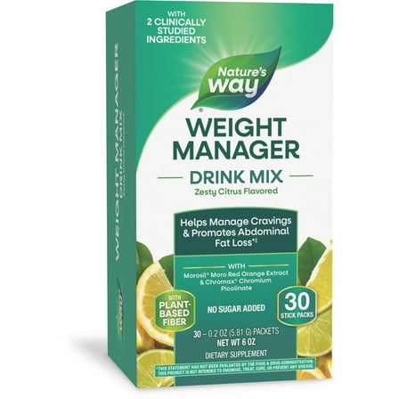 Nature's Way Weight Manager Drink Mix Packs, Plant-Based Fiber, Zesty Citrus Flavored, Unisex, 30ct