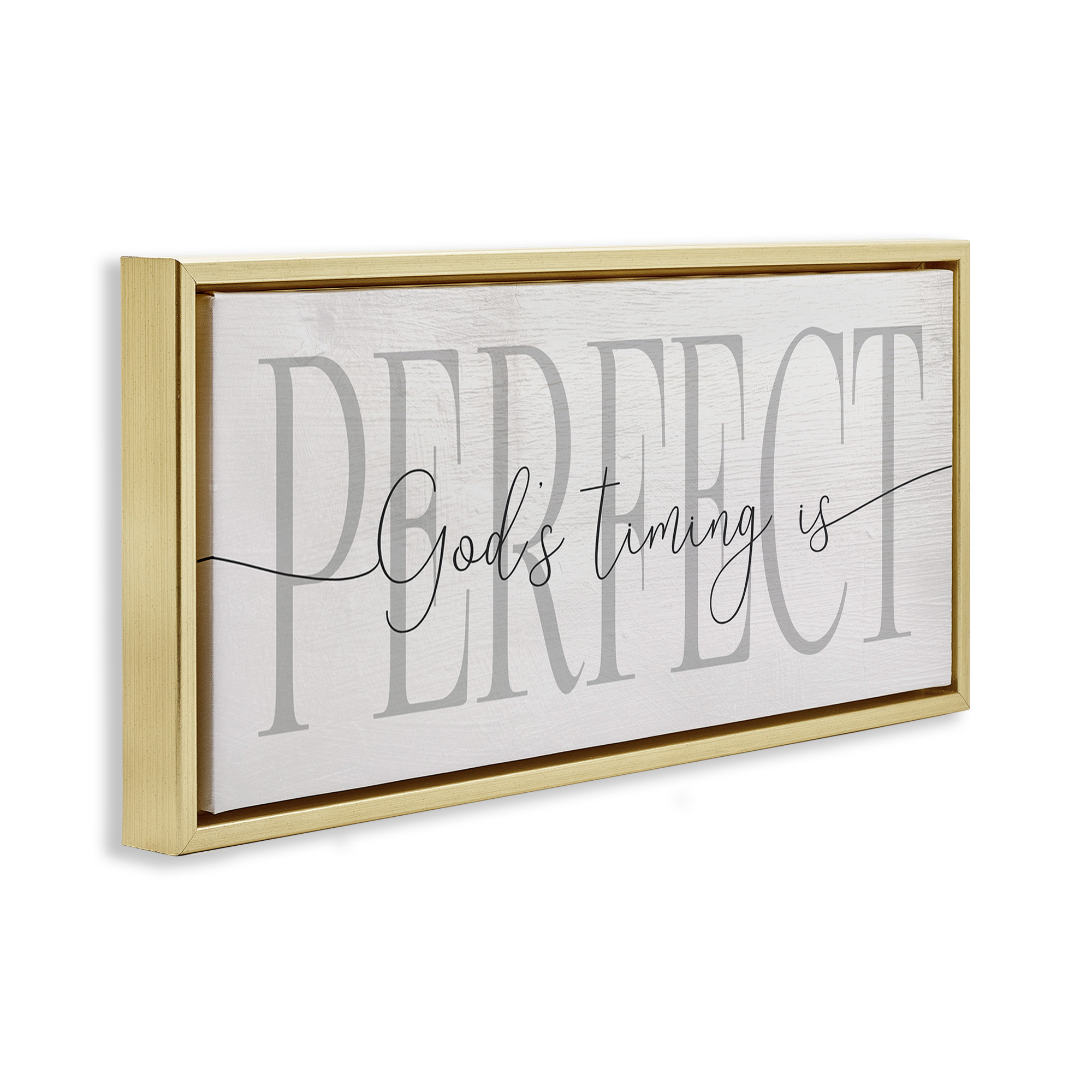 Stupell Industries God's Timing is Perfect Phrase Religious Painting Gold Floater Framed Canvas Art Print Wall Art, 31 x 14