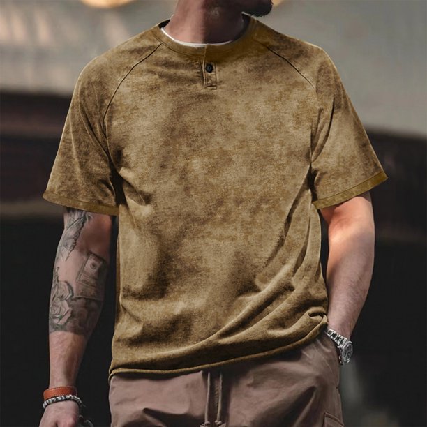 Camisa Elvqul para Hombre Economicas Manga Corta sin Estampado Caqui Botones Solapa Deportivas
