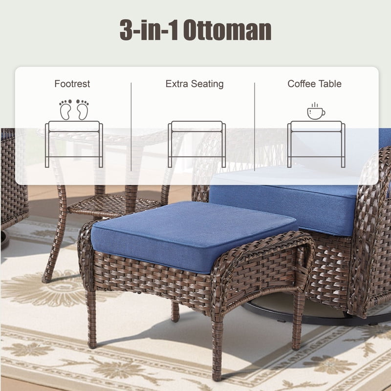 6 Piece Outdoor Wicker Furniture Sets,Patio All Weather Cushioned Conversation Sets with Swivel Rokcing Chairs, Ottomans and Sie Table for Backyard Porch Garden,Blue
