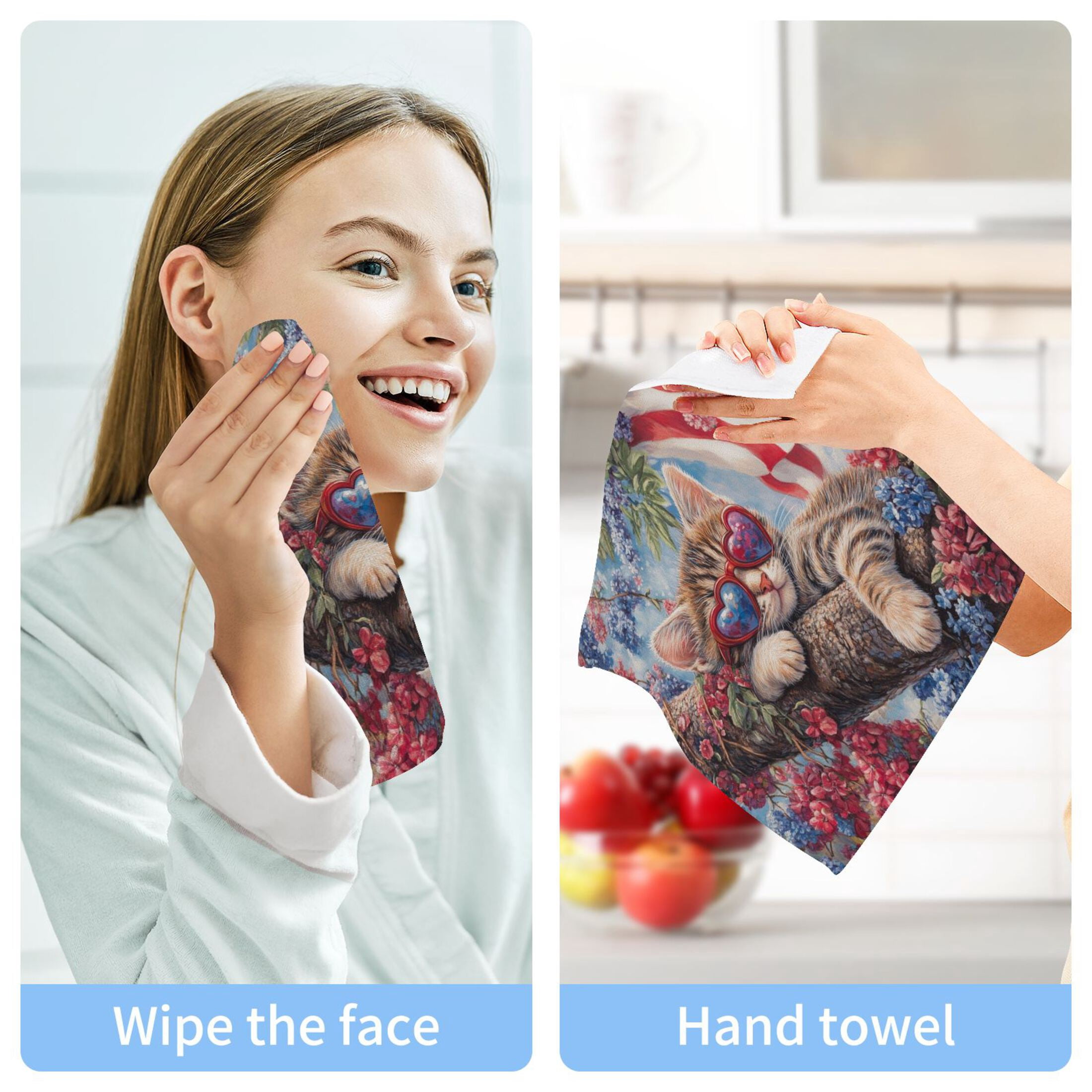 4th Of July Cat 100% Cotton Face Towel 12x12in Soft Absorbent Washcloth Durable Printed Hand Towels for Bathroom Travel 6 Pcs