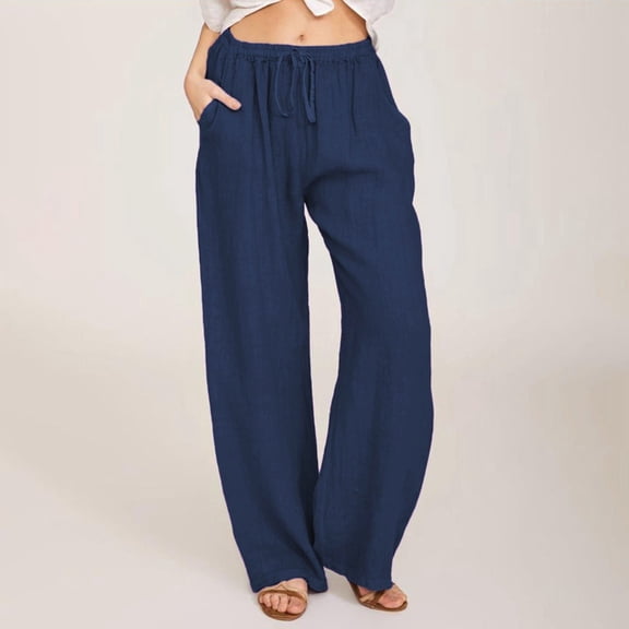 Linen Pants Women Wide Leg Palazzo Beach Pants Casual Elastic High Waist Drawstring Trousers with Pockets Dark Blue 3XL